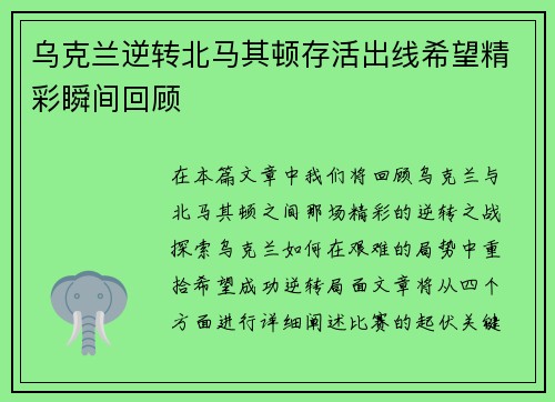 乌克兰逆转北马其顿存活出线希望精彩瞬间回顾