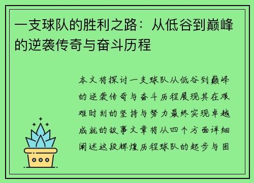 一支球队的胜利之路：从低谷到巅峰的逆袭传奇与奋斗历程