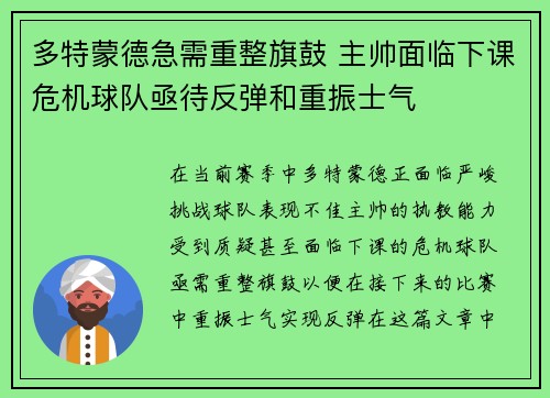 多特蒙德急需重整旗鼓 主帅面临下课危机球队亟待反弹和重振士气