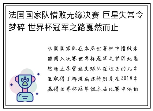 法国国家队惜败无缘决赛 巨星失常令梦碎 世界杯冠军之路戛然而止