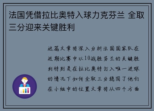 法国凭借拉比奥特入球力克芬兰 全取三分迎来关键胜利