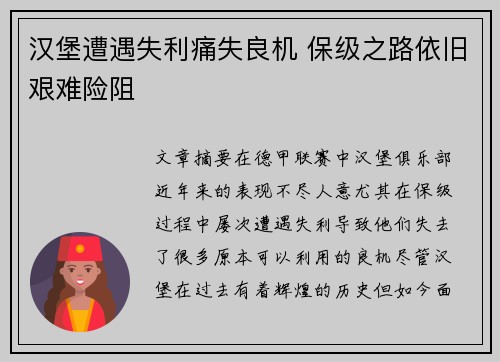 汉堡遭遇失利痛失良机 保级之路依旧艰难险阻