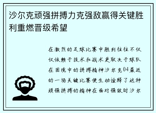 沙尔克顽强拼搏力克强敌赢得关键胜利重燃晋级希望