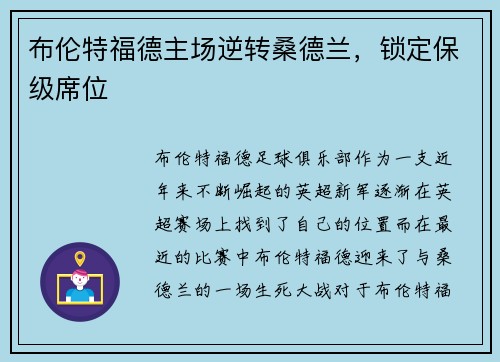 布伦特福德主场逆转桑德兰，锁定保级席位