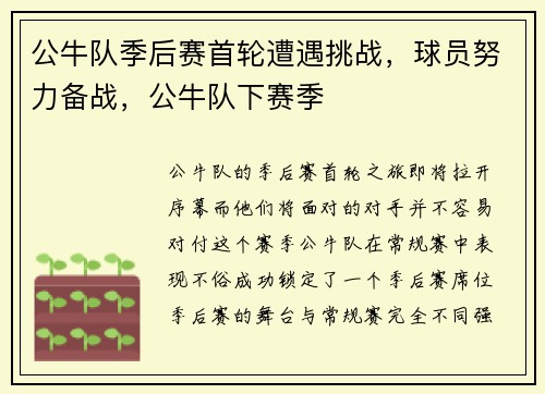 公牛队季后赛首轮遭遇挑战，球员努力备战，公牛队下赛季