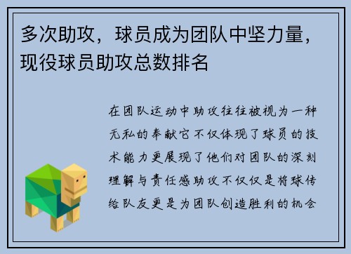 多次助攻，球员成为团队中坚力量，现役球员助攻总数排名