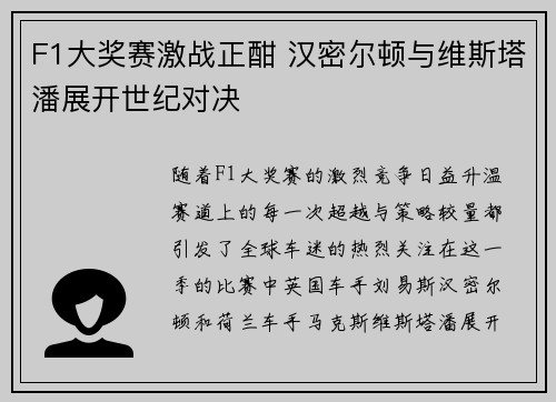 F1大奖赛激战正酣 汉密尔顿与维斯塔潘展开世纪对决