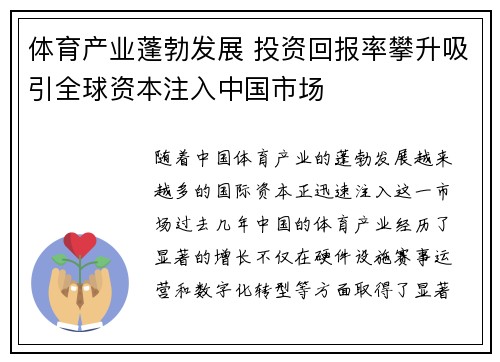 体育产业蓬勃发展 投资回报率攀升吸引全球资本注入中国市场